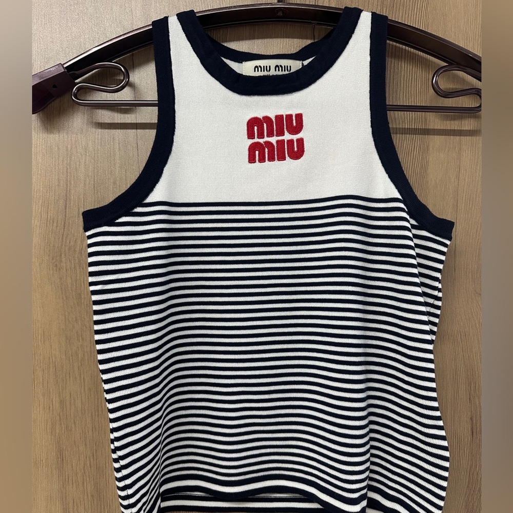 Miu Miu White, Black & Red Striped Knit Tank Top